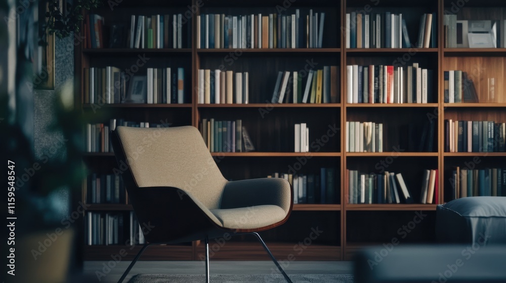 Modern minimalist library nook with minimal decor. Featuring clean lines and a cozy setup Modern minimalist library nook with minimal decor. Featuring clean lines and a cozy setup