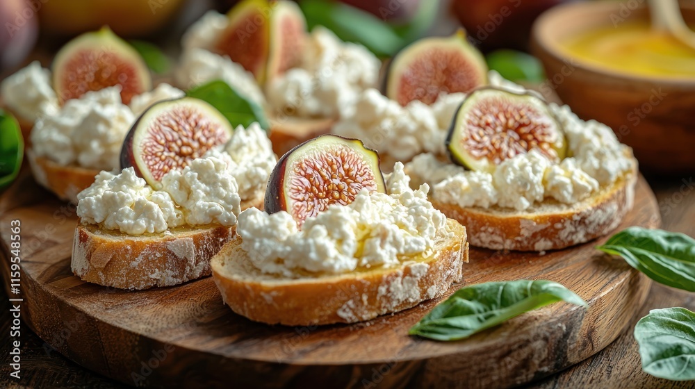 Toasted baguette slices with ricotta and figs. Toasted baguette slices with ricotta and figs.