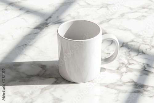 White mug mockup on light marble surface creating an elegant and minimalistic aesthetic in bright natural light