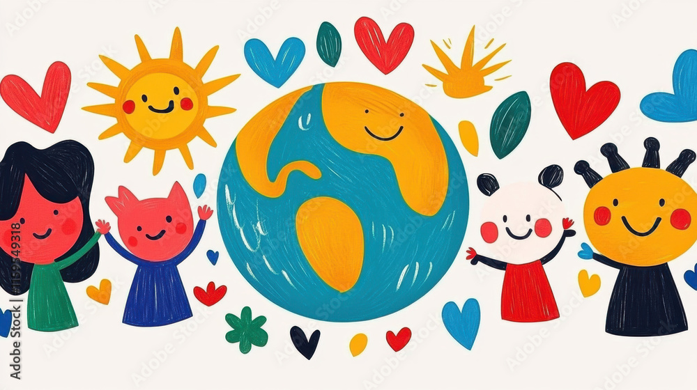 Doodle, A whimsical illustration of a happy globe encircled by tiny doodle-like people, perfect for conveying themes of unity and joy in a global context. Doodle, A whimsical illustration of a happy globe encircled by tiny doodle-like people, perfect for conveying themes of unity and joy in a global context.