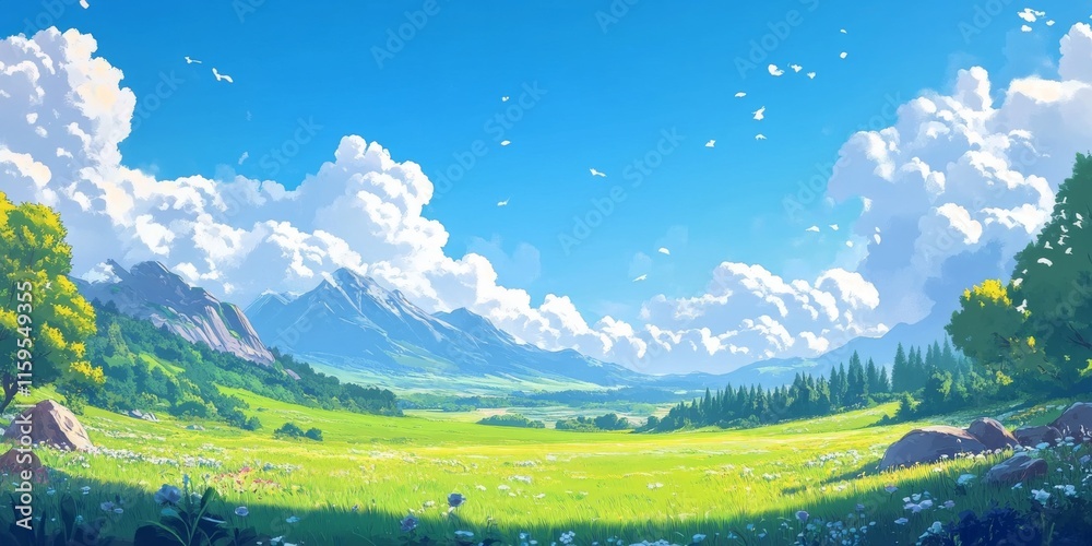 Vibrant green valley under a clear blue sky Vibrant green valley under a clear blue sky