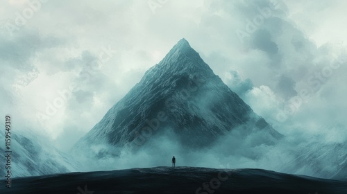 Lonely figure confronts massive mountain shrouded in mist at dusk in an expansive wilderness. Generative AI