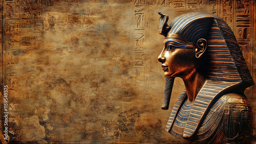 Ancient Egypt concept background with empty copy space. Egyptian pharaon horizontal banner. Ancient Egyptian God creative poster. Digital painting in photo style. AI artwork.