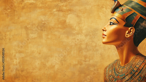 Ancient Egypt concept background with empty copy space. Egyptian queen horizontal banner. Ancient Egyptian Goddess creative poster. Digital painting in photo style. AI artwork.