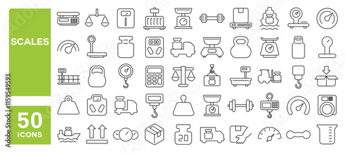 Set of 50 line icons related to scales, weight, scale, measure, electronic, arrow, kilogram, size, volume, gauge, Editable stroke. Vector illustration