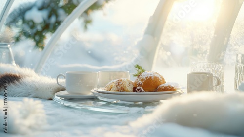 Cozy sunday brunch in a glass igloo winter wonderland food serene atmosphere warm light