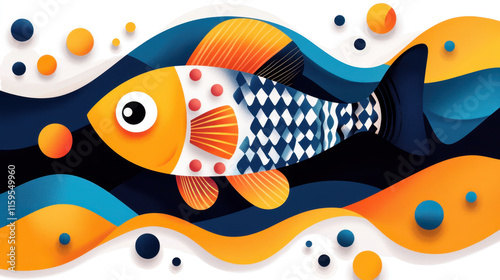 Wallpaper Mural Doodle, A whimsical image of a quirky fish swimming in wavy water surrounded by bubbles, perfect for aquatic-themed projects or playful designs. Torontodigital.ca