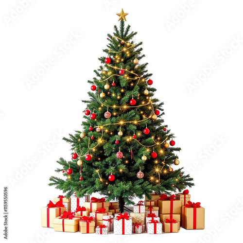 A Classic Christmas Tree with Red and Gold Decorations Surrounded by Neatly Wrapped Gifts on a Crisp White Background