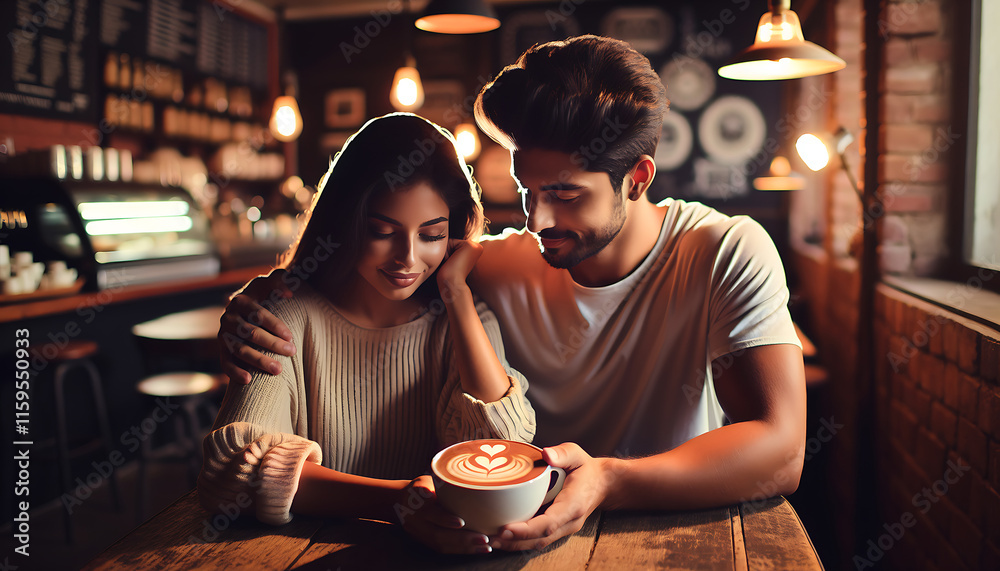 The image shows a couple sitting at a small table in a coffee shop, smiling at each other while sharing a cup of coffee with heart-shaped latte art, selective focus The image shows a couple sitting at a small table in a coffee shop, smiling at each other while sharing a cup of coffee with heart-shaped latte art, selective focus