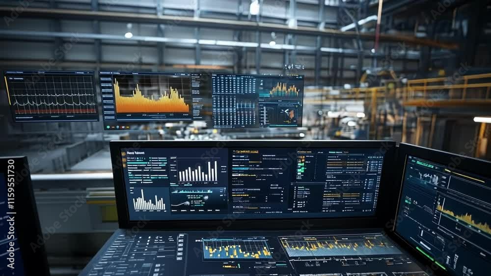 Multiple computer screens display various data visualizations and key ...