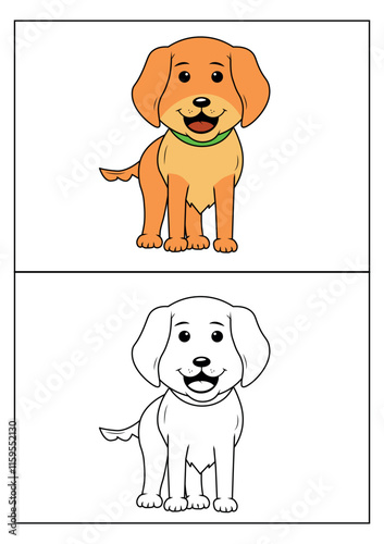 A Cute Puppy isolated black and white outline with colour guide for coloring book. Labrador retriever dog.