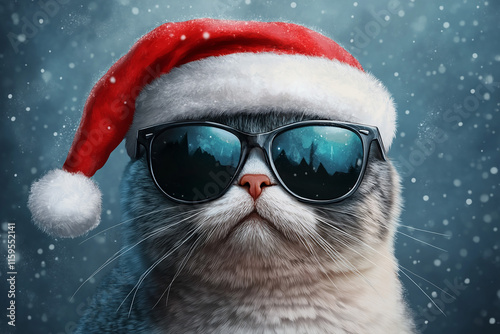 Cat wearing sunglasses and Santa hat for Christmas and New year celebration party photo