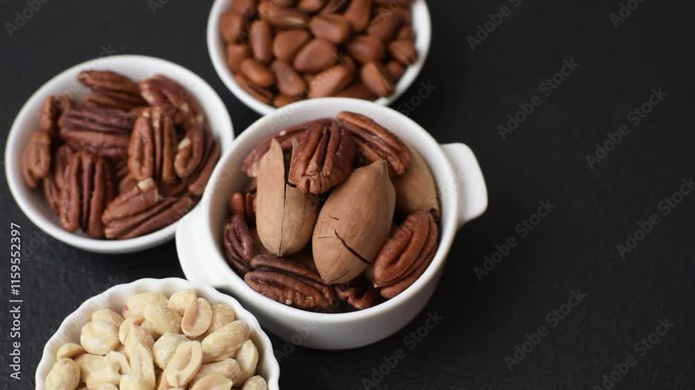 Delicious nutritious pecan nuts in ceramic bowl on dark concrete background Delicious nutritious pecan nuts in ceramic bowl on dark concrete background