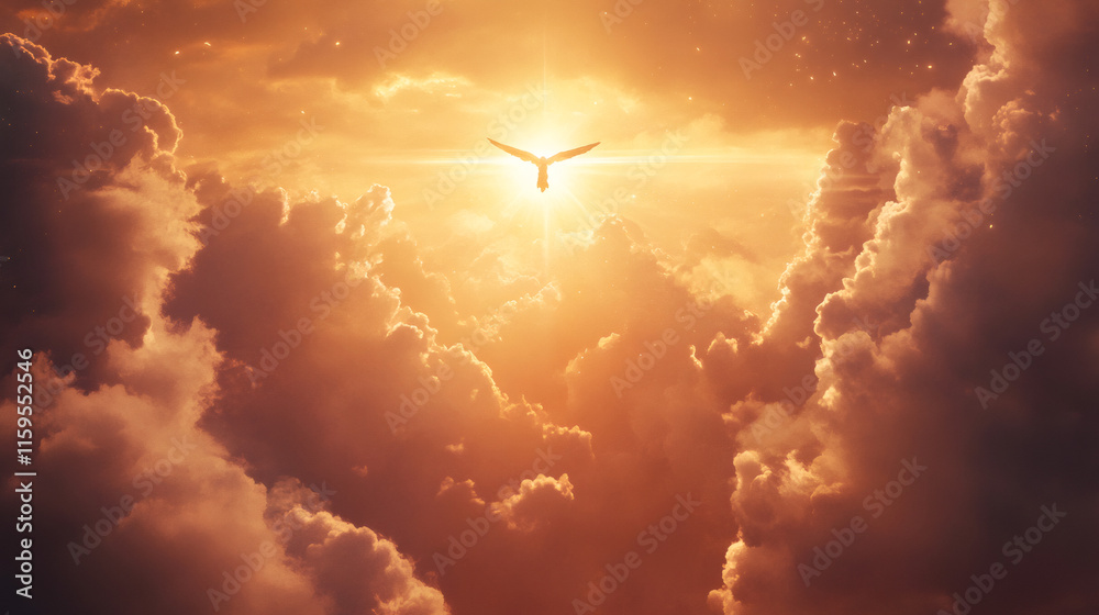 Obraz premium White dove flying towards shining heaven light through dramatic clouds, easter resurrection, spiritual concept