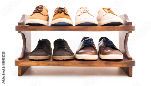 Wooden shoe shelf with sneakers isolated on white
