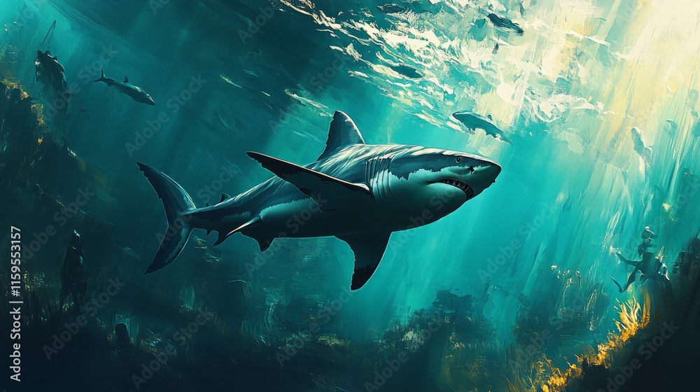 Fototapeta premium Majestic great white shark swimming in deep ocean, sunlight filtering through water, other fish and diver visible.