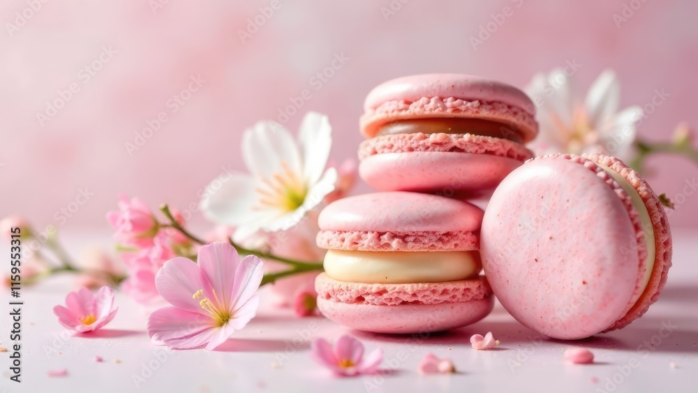 Three pink macarons are stacked with white and pink flowers around them against a blurred pink background. Concept of sweet treats and delicate beauty. Three pink macarons are stacked with white and pink flowers around them against a blurred pink background. Concept of sweet treats and delicate beauty.