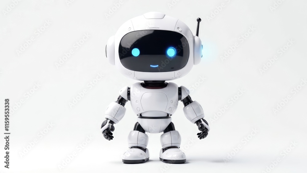 A cute white robot stands facing forward with glowing blue eyes on a white background. Concept of future technology. A cute white robot stands facing forward with glowing blue eyes on a white background. Concept of future technology.