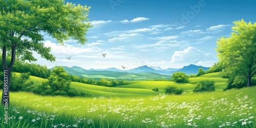 Calm nature scenery with grass, hills, and clouds
