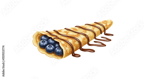 Crepes stuffed with chocolate spread and blueberries, on isolated on a transparent background. Thin pancakes Sweet dessert.