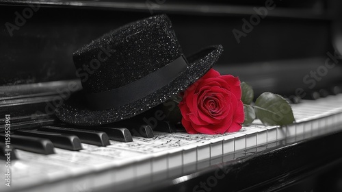 Vintage Cabaret Hat Resting on a Piano with Sheet Music