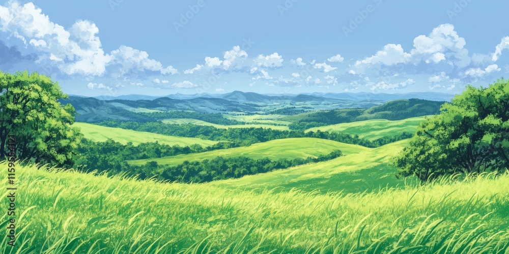 Calm nature scenery with grass, hills, and clouds Calm nature scenery with grass, hills, and clouds