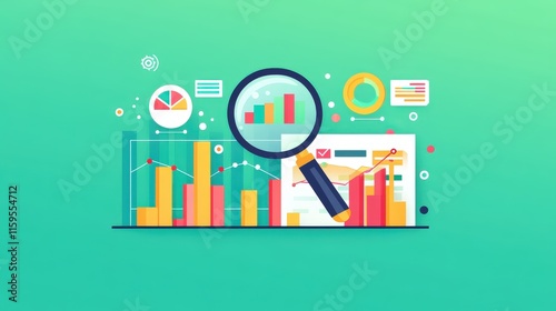 Magnifying glass analyzing bar graph, pie chart and data report, showing marketing research, financial analysis and business strategy