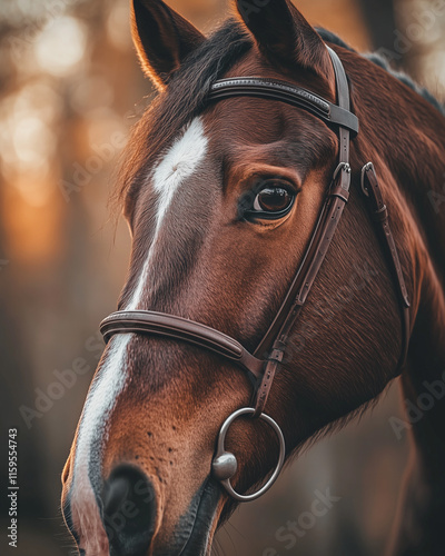 Close-up of brown horse with white blaze and bridle photo