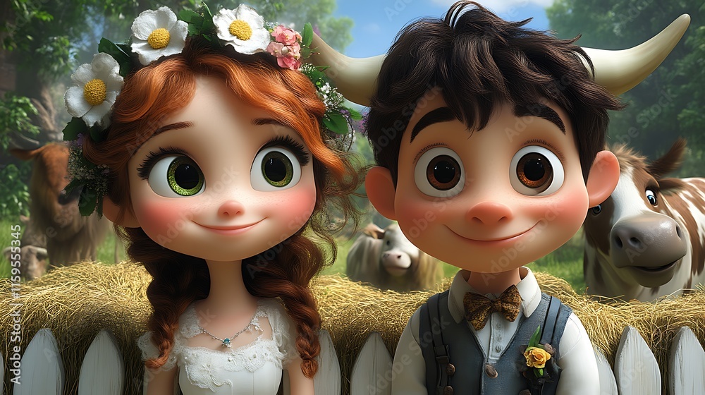 Cartoon bride and groom with cows. Cartoon bride and groom with cows.