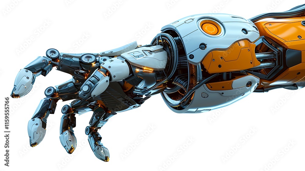 A high-tech robotic arm accessory, isolated on a white background. A high-tech robotic arm accessory, isolated on a white background.