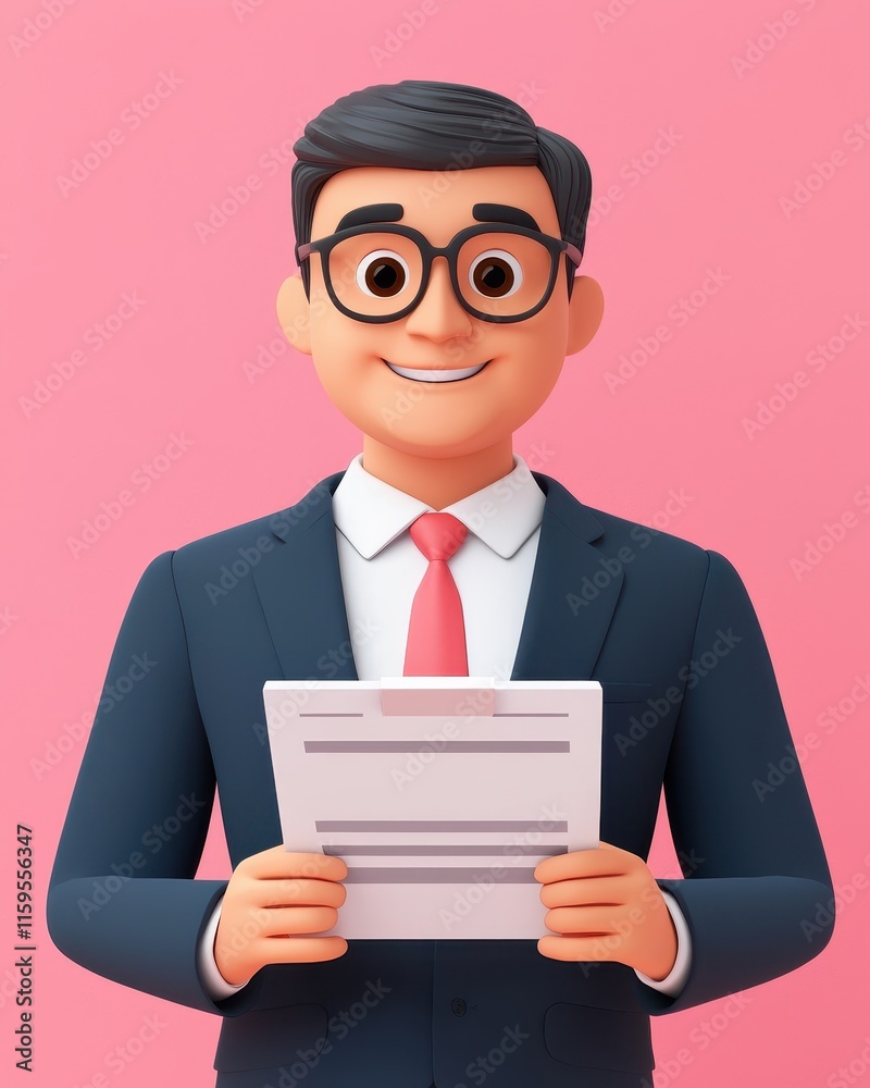 A cheerful, animated character in a suit holding a document, set against a pink background, conveying professionalism and friendliness. A cheerful, animated character in a suit holding a document, set against a pink background, conveying professionalism and friendliness.