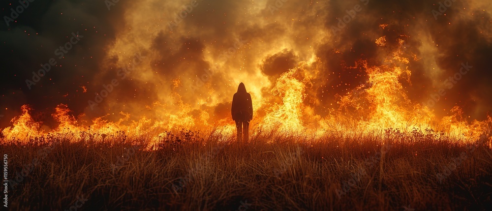 Fototapeta premium silhouette of a person on the background of a big fire 