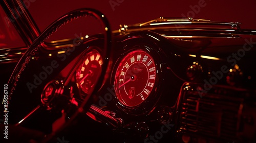 Classic car interior, red lighting, dashboard, steering wheel, gauges, speedometer, night. photo