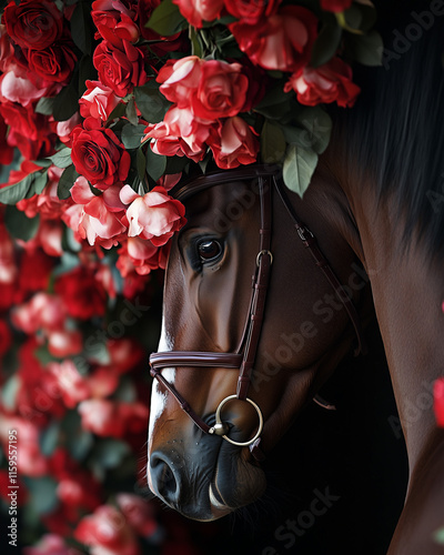 Brown horse adorned with red roses close-up photo