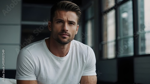 A handsome man with a beard wearing a white t-shirt posing