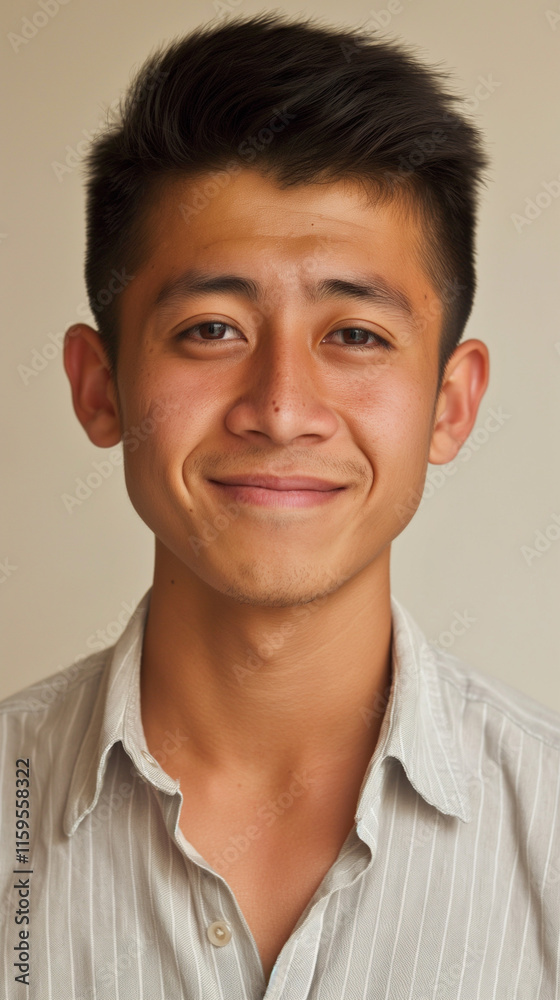 Young man with a subtle smile, wearing a striped shirt. Young man with a subtle smile, wearing a striped shirt.
