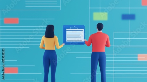 Two individuals engage in a collaborative task, holding documents against a vibrant blue background with colorful data elements.