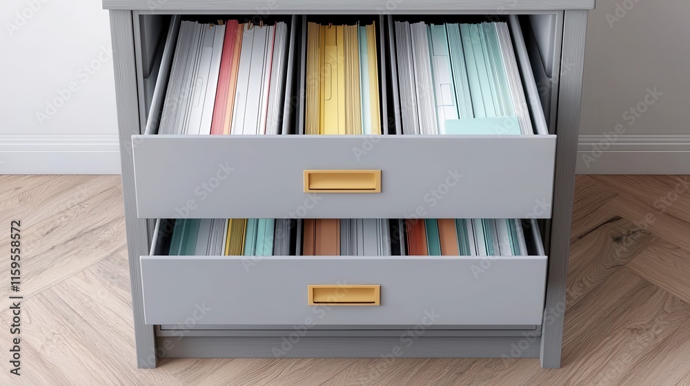 A stylish gray filing cabinet with open drawers showcasing organized colorful files and documents, enhancing office efficiency. A stylish gray filing cabinet with open drawers showcasing organized colorful files and documents, enhancing office efficiency.