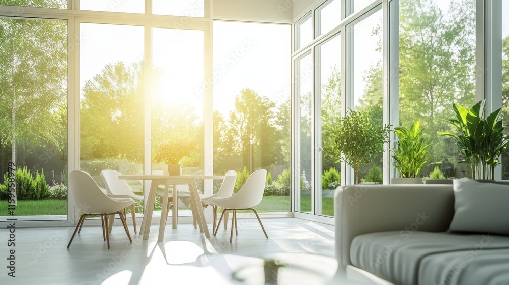 Fototapeta premium Modern minimalist sunroom with minimal decor. Featuring clean lines and a bright atmosphere