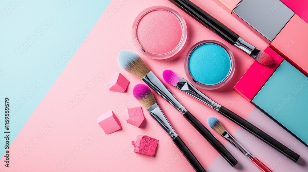 Flat lay of makeup brushes and cosmetics on pastel background Flat lay of makeup brushes and cosmetics on pastel background