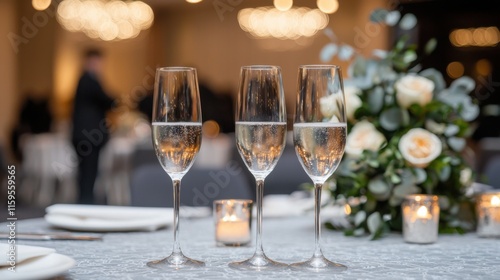 Eleganter Cocktail-Abend mit prickelndem Champagner und Blumendekor photo