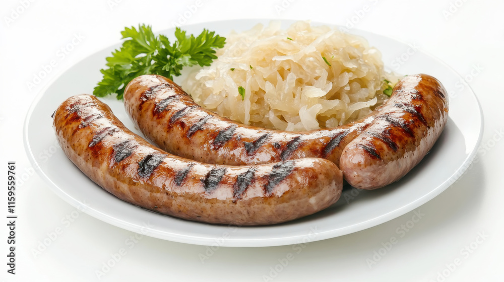 Grilled bratwurst sausages with sauerkraut and parsley garnish for culinary delights Grilled bratwurst sausages with sauerkraut and parsley garnish for culinary delights