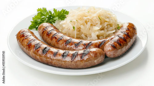 Grilled bratwurst sausages with sauerkraut and parsley garnish for culinary delights photo