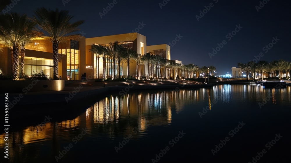 Night view of illuminated building reflected in calm water. Night view of illuminated building reflected in calm water.