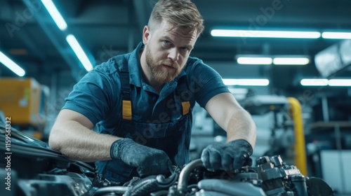 Engagierter Mechaniker, der sich in einer geschäftigen Werkstatt auf komplexe Motorreparaturen konzentriert photo