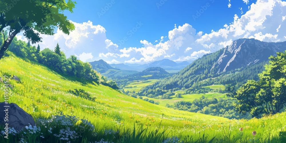 Fototapeta premium Open field with distant mountains and clear skies