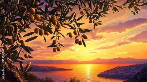 Olive tree branch with ripe olives, Mediterranean sunset background, warm tones generative ai