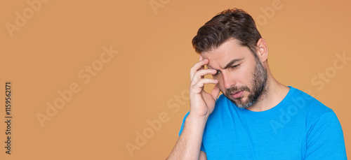 Man thinking with confuse face on isolated background. Man thinking about question, pensive expression. Thoughtful face. Doubt think concept. Thinking about things. Solution and Thinking of problem.