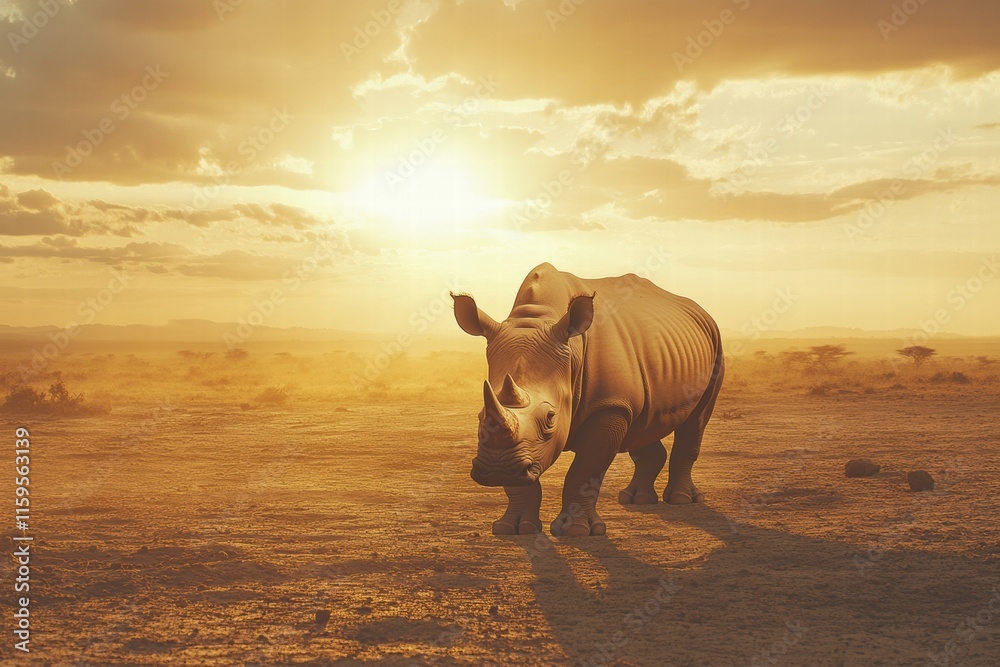 Fototapeta premium Majestic rhino roaming a barren savanna at sunset with ample space for text and mock up. Generative AI