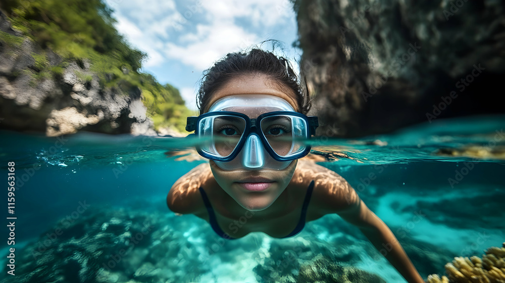 Fototapeta premium A woman snorkeling in a crystal-clear lagoon in Palawan, Philippines, Asia surrounded by dramatic limestone cliffs and vibrant coral reefs